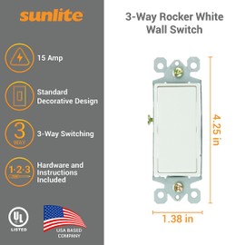 Sunlite 40873-SU Grounded 3-Way Rocker WallSwitch, White, 15 Amp, 120 Volt, New Installs, Replacement, Commercial, Residential, UL Listed, White 12 Pack