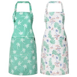 Waterproof Floral Chef Apron for Women with Pockets, Cute Stylish Adjustable Aprons for Kitchen Cooking Home Baking, Grilling and Gardening Apron (Green, 2pc of Gift Pack)