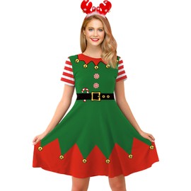For G and PL Womens Christmas Loose Fit 3D Dress A Line Swing Ugly Short Sleeve Costume Green Elf S