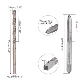 Boxonly Tap & Bit Sets,10#-24 UNC 2B Straight Flute Machine Thread Milling Tap,3.8mm M35 Cobalt High Speed Steel (HSS-CO) Twist Drill Bit