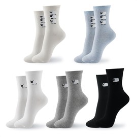 kikiya socks Women Cute Crew | 5 Pairs Sheep Character Stitch Print Fun Novelty Lamb Design Black White Blue Gray Color Graphic Daily Boot Preppy Cotton Socks | Womens Ladies Girls Gift | Aminal C