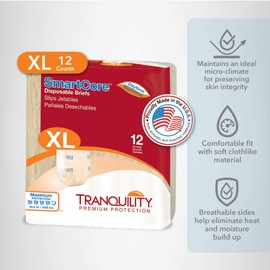 Tranquility SmartCore Adult Disposable Briefs, Incontinence Control with Breathable Kufguard Technology, Fastening Tabs& Wetness Indicator, Latex-Free, Adult X-Large, 34oz Capacity, 12ct Bag