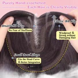 LEDIZE Hair Toppers for Women, 20 Inch Hand Tied Breathable Toppers Hairpieces for Women with Thinning Crown Middle Part Bangs Mix Human Hair Wavy Curly Lightweight Wiglets (Dark Brown, Side Bangs)