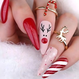24 Pcs Christmas Press on Nails Medium Almond Fake Nails with Glue Winter Snowflakes Elk Nails Full Cover False Nails with Design Acrylic Nails Cute Nails Press ons for Women Girls