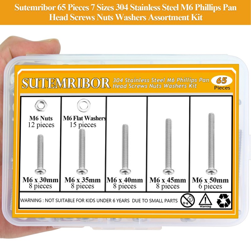 65 Pieces M6 x 30/25/40/45/50mm Machine Screws Nuts Washers Set,