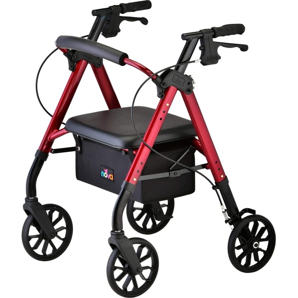 NOVA Star 8 Petite Rollator Walker with Perfect Fit Size System, Lightweight & Foldable, Easy to Lift & Carry, Great for Travel, Color Red