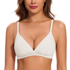 WOWENY Padded Bras for Women Non Wired Bralette Deep-V Plunge Triangle Seamless Ladies Sleep Bra Comfort Soft White L