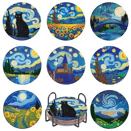 DOMROM 8 Pcs Diamond Painting Coasters Kits with Holder, Starry Night Diamond Art Coasters for Adults Beginners 5D DIY Diamond Coasters, Diamond Art Painting Kits Craft Supplies