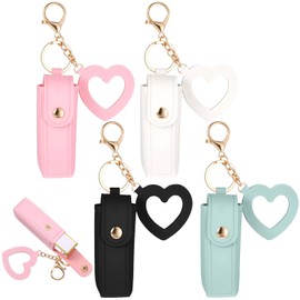 4 Pcs Lipstick Holder Keychain, Potable Lipstick Keychain Holder with Mirror, Pu Leathe Lip Balm Organizer LipstickTravel Makeup Storage Case for Women Girls