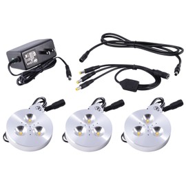 ABI 3X 3W LED Puck Light Complete Kit for Under Cabinet, Bookshelf, and Showcase Lighting, 240lm, Soft White 3000K, 25W Halogen Equivalent
