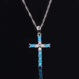 CiNily Cross Pendant Necklace Opal Jewelry for Women 18K White Gold Plated Faith Hope Love Pendant Jewelry for Women Teens Birthday Gifts (Blue)