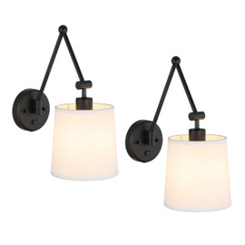 XiNBEi Lighting Set of 2 Wall Lamps with Fabric Shade, Modern Matte Black Wall Sconces with On/Off Switch, Hardwired or Plug-in for Bedroom, Living Room Bedside Lighting XB-W1265-MB