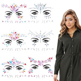 6 Sets Music Festival Face Jewels, Mermaid Face Gems Rhinestones Stick on Temporary Tattoos Crystal Birthday Party Eyes Body Stickers Rave Gems Glitter