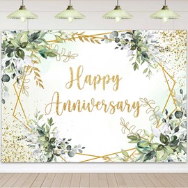Sensfun 7x5ft Happy Anniversary Backdrop Sage Green Leaves Photography Background Greenery Wedding Anniversary Party Decorations Family Memorial Cheers to Marriage Day Banner Photo Booth Props