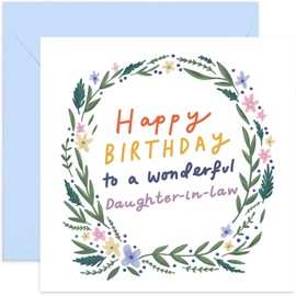 Old English Co. Floral Wreath Happy Birthday Wonderful Daughter-in-law Card - Birthday Wishes for Her Greeting Card | From Parents-in-law | Blank Inside & Envelope Included