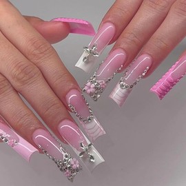 MISUD Press on Nails Long Square Fake Nails Glossy Glue on Nails Pink French Tip Acrylic Nails Squoval Artificial Nails Luxury Rhinestone Stick on False Nails with Design 24 pcs