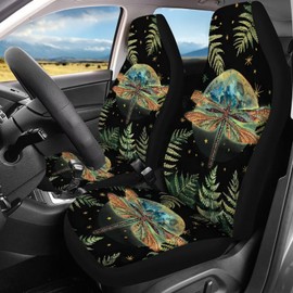 Car Seat Cover Full Set of 4, Dragonfly Moon Leaf Printed Front & Split Rear Bench Seat Cover for Car, Breathable and Washable Seat Covers, Automotive Interior Covers for Most Cars Van Truck SUV Sedan