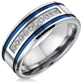 Mens Wedding Bands Stainless Steel CZ 8mm Blue Stripes Engagement Rings for Him Men Wedding Jewelry (US Size 10)