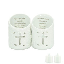 Dreamseden Set of 2 Ceramic Christian Cross Tealight Candle Holder with Bible Verses Include Flickering LED Flameless Tea Light Candles for Wedding and Home Decor