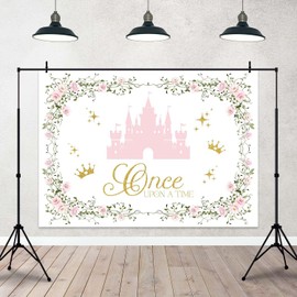 Joliaco Princess Castle Birthday Backdrop Pink Floral Fairytale Castle Birthday Background for Girl Glitter Gold Once Upon A Time Party Banner Photo Booth Props (7x5ft)