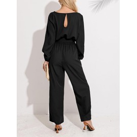 CUPSHE Women's Jumpsuit Boat Collar Long Sleeve Jumpsuit Slit Back Wide Legs Playsuit with Belt Elegant Trouser Suit, black, S