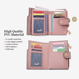 GOLF SUPAGS Wallets for Women PVC Leather Credit Card Holder Large Capacity Multi Card Organizer Small Wallet with Double Zipper Pocket, Brown × smoky pink-859, Compact