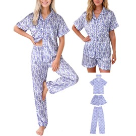 HINFEL 4PCS Satin Pjs for Women Set, Cute Silk Monkey Button Down Pajamas Set Y2k Bridal Loungewear Preppy Clothes Valentine's Day Birthday Gift(Purple, X-Small)