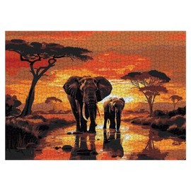 Sunset Elephant Puzzles for Adults 1000 Pieces, Nature Wildlife Scenic Jigsaw Puzzles, African Animal Art Puzzles