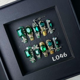 100% Handmade Press on Nails Y2K Green Diamond Fake Nails Long Coffin False Nails with Silver Bow Butterfly Charms Jadeite Emerald Glue on Nails Reusable Handmade Nails for Women Manicure Size L