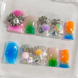 Handmade Press on Nails Short Duck 3D Cute Thick Acrylic Fake Nails French Tip False Nails with Full Lollipop Candy Stars Rhinestones Designs Sturdy Nail Art Press on Nails 10Pcs(S)