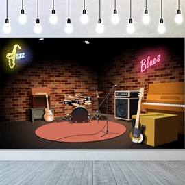 CSFOTO Polyester 7x5ft Music Club Backdrop Rock and Roll Jazz Blues Music Club Stage Background Bar Music Band Instrument Concert Greeting Party Performing Decor Background Discos Backdrop for Parties