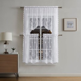 Warm Home Designs 3 Piece White Kitchen Window Curtains Bundle Includes 2 36 Inch Tiers & Valance. Floral Kitchen Curtains Set for Flower Decor. KIF White Set