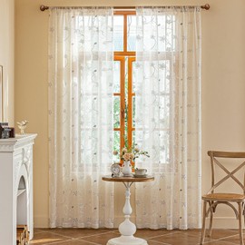 AmHoo 2 Panels Linen Floral Leaf Embroidered Semi Sheer Curtain Farmhouse Voile Curtains for Living Room Bedroom Window Treatment Light Gray 52 x 63 Inch