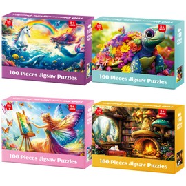 BraniacBits 4 Packs 100 Piece Puzzles for Kids Ages 6-8 8-10, Mermaid Unicorn Puzzle for Girls 4-6 Years Old Educational 100 Piece Large Jigsaw Puzzles, Kids Puzzles 4-6 Toys Gifts for Girls Boys