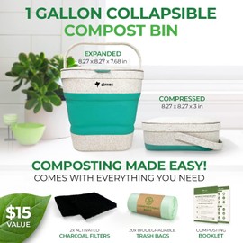 Collapsible Small Compost Bin Kitchen Counter Caddy with Lid - 1 Gallon Eco Countertop Compost Container Made of Wheat Straw - Food Waste Composter Indoor Use with 20 Trash Bags and 2 Carbon Filters