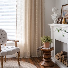 Sutuo Home Boho Curtain Semi-Blackout Crochet Hollow Lace Patchwork with Textured Linen Fabric, Handmade Tassels Rod Pocket Bohemian Window Drapes for Living Bedroom, 59" W x 96" L, 1 Panel