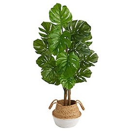 Nearly Natural 4ft. Monstera Artificial Tree in Boho Chic Handmade Cotton & Jute White Woven Planter UV Resistant (Indoor/Outdoor)