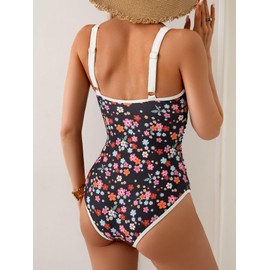 Aidonger - Traje de baño acanalado de una pieza para mujer con control de abdomen y adelgazamiento, Flor negra rosa, X-Large