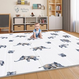 Motherly Haven 79x71 Foldable Baby Play Mat for Floor, Extra Large Reversible Foam Play Mat for Babies 6-12 Months, Waterproof Portable Foam PlayMat for Tummy Time for Toddler - Elephant and Hearts