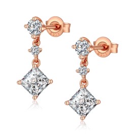 JiaYang Dangel Drop Earrings for Women 18K Rose Gold Simulated Diamond Stud Earrings Sterling Silver Square Cubic Zirconia Drop Earrings