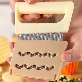 Crinkle Cut French Fry Cutter with Wavy Blade, 3.89 inch Stainless Steel Blade, Vegetable Slicer with Protective Cover (Beige)