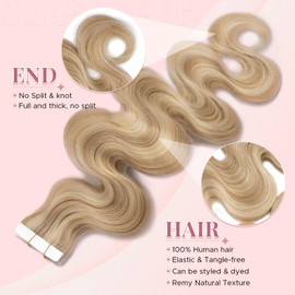 SEGOHAIR Wavy Tape In Hair Extensions Real Human Hair with Double-Sided Adhesive Professional Hair Extensions for Women 20pcs Body Wave 16 Inches Dark Blond Mixed Bleach Blond