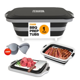 Texaxon BBQ Prep Tub with Cutting Board, Lid & Complimentary Mitts/Gloves – Collapsible Bucket for BBQ, Picnic, Camping, Meat Prep – Black, 16 L Large