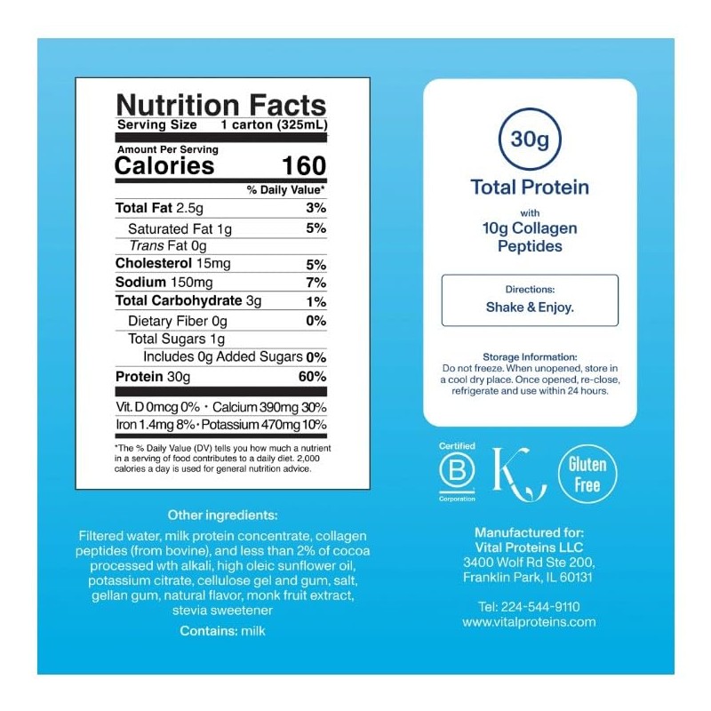 Vital Proteins Collagen Protein Shake, Chocolate, 18 pack.