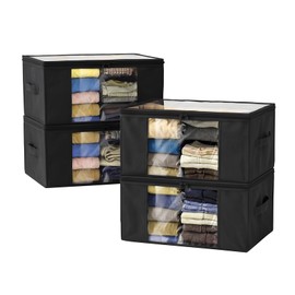Clothes Storage Bags, Foldable Thick Fabric Blanket Storage Boxs, Large Clear Window with Reinforced Handle, Great for Clothes, Blankets, Closets, Pillows, Toys (Black, 4Pack)