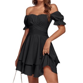 LYANER Women's Off Shoulder Tie Back Wrap Layer Ruffle Short Sleeve Mini Dress Solid Black X-Large