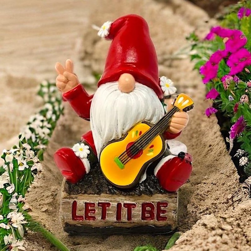 OrnamentallyYou Hippy Gnome with Guitar Garden Statue, Unique Flowers and