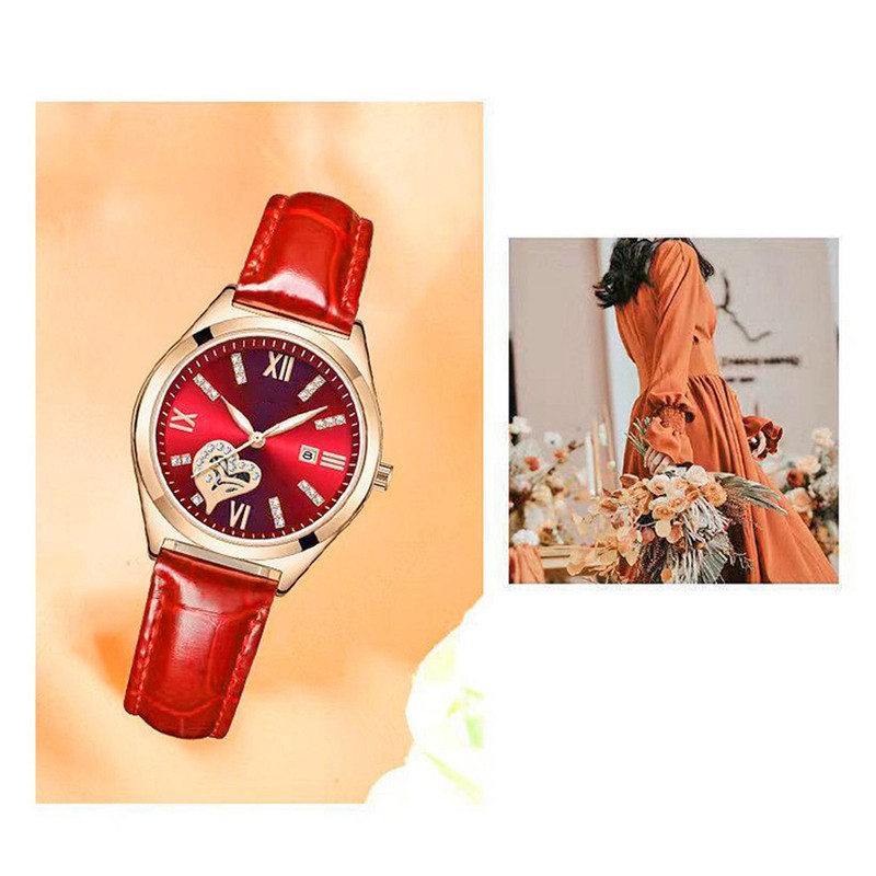 Women Watch Wine Red Mechanical Watch Luminous Waterproof Hollow Heart