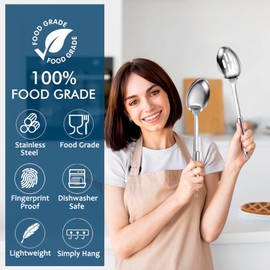 2 Pack Stainless Steel Cooking Spoon Set, Large Cooking Spoon with Round Handle, Polished Metal Slotted Spoon and Serving Spoon, Heat Resistant Basting Spoons for Cooking, Mixing and Serving Food