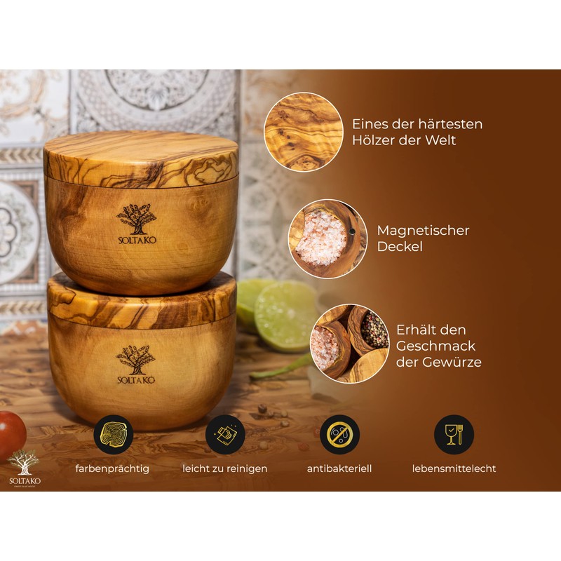 SOLTAKO Olive Wood Salt & Spice Tin Salt & Pepper
